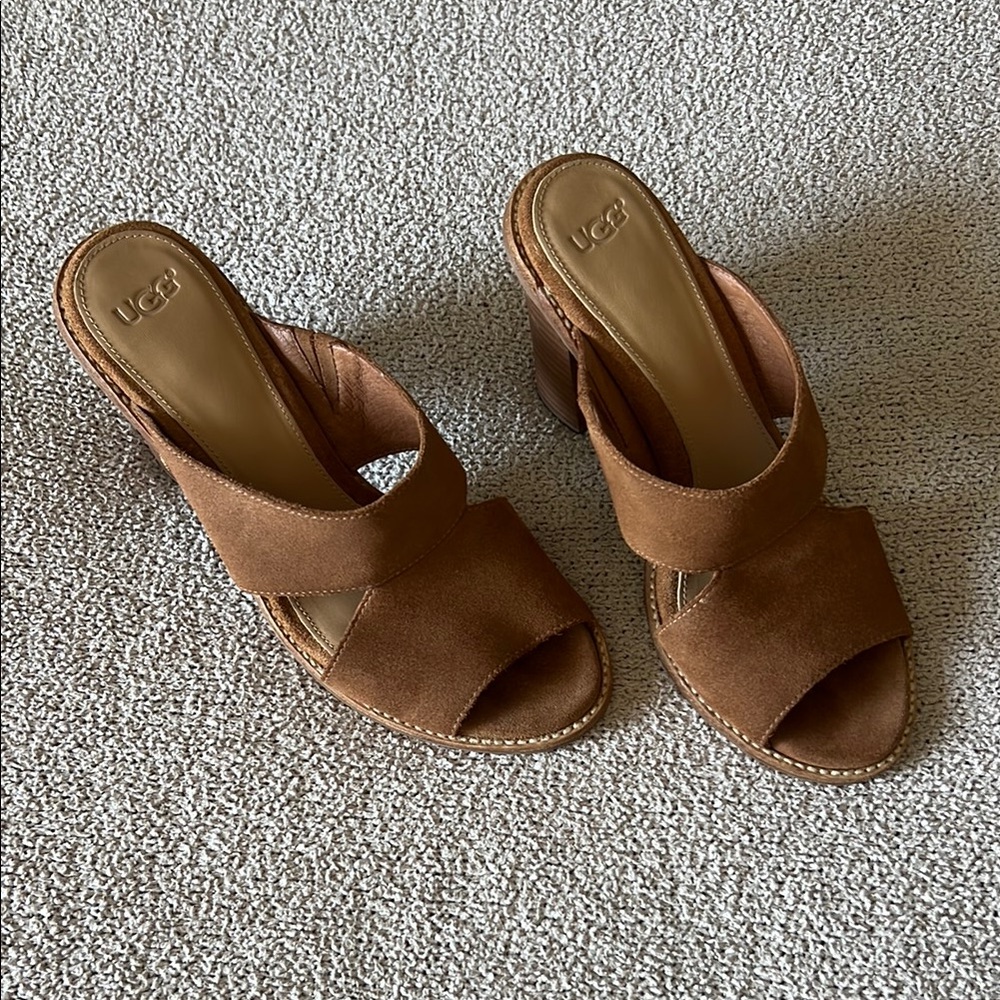 UGG “Celia” Suede Mules with Stacked Heels in Chestnut - Size 7.5 US